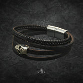 Grim Reaper Leather Braided Bracelet – 25mm, Black, Stainless Steel Magnetic Buckle (8 inch)